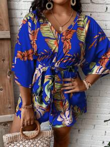 SHEIN Clasi Plus Tropical Print Belted Romper - Royal Blue - View 8