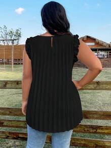 SHEIN Plus Ruffle Trim Pleated Detail Blouse - Black - View 2