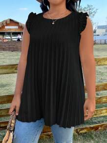 SHEIN Plus Ruffle Trim Pleated Detail Blouse - Black - View 3