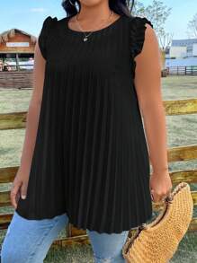 SHEIN Plus Ruffle Trim Pleated Detail Blouse - Black - View 5