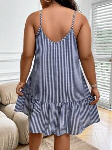 EMERY ROSE Plus Striped Print Ruffle Hem Cami Dress, Summer - Blue and White - View 2