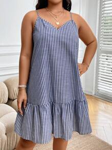 EMERY ROSE Plus Striped Print Ruffle Hem Cami Dress, Summer - Blue and White - View 5