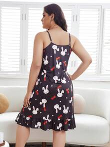 Vestido de dormir de tirantes con estampado de dibujos animados bajo con fruncido - Negro - Ver 2