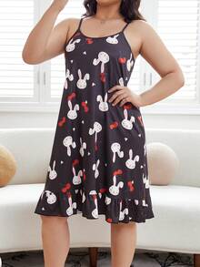 Vestido de dormir de tirantes con estampado de dibujos animados bajo con fruncido - Negro - Ver 4