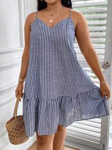 EMERY ROSE Plus Striped Print Ruffle Hem Cami Dress, Summer - Blue and White - View 8