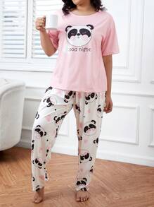 Plus Panda & Slogan Graphic PJ Set - Multicolor - View 2