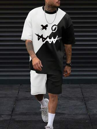 Uomo Dal Taglio Morbido, T-shirt & Short A Due Toni Con Stampa Espressionistica