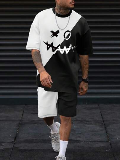 Uomo Dal Taglio Morbido, T-shirt & Short A Due Toni Con Stampa Espressionistica