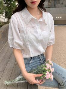 DAZY Camisa con bordado con ojal de manga farol con botón delantero - Blanco - Ver 1