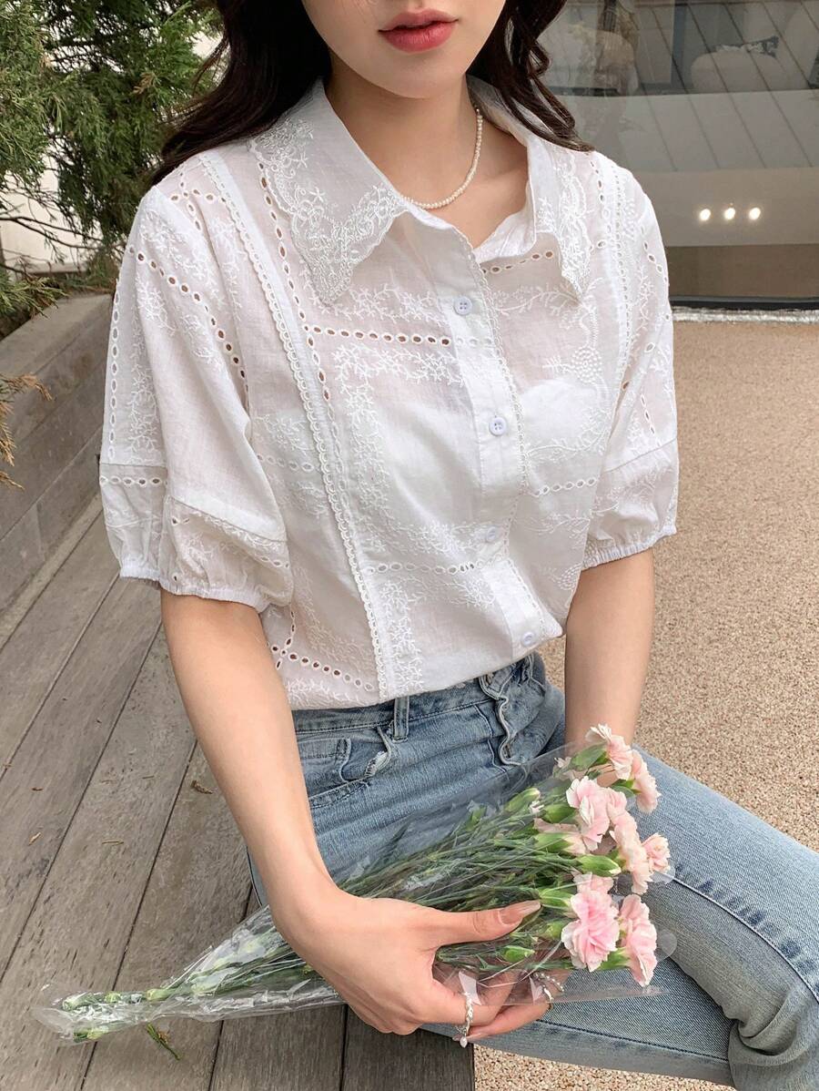DAZY Camisa con bordado con ojal de manga farol con botón delantero - Blanco - Ver 1