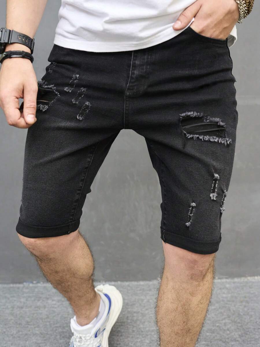 Manfinity LEGND 男士棉破洞抽鬚斜口袋牛仔短褲 - 黑色 - 查看 1