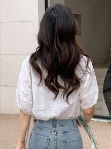 DAZY Camisa con bordado con ojal de manga farol con botón delantero - Blanco - Ver 2