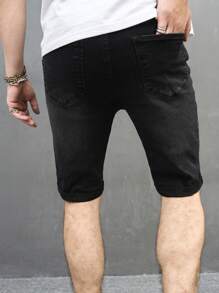 Manfinity LEGND 男士棉破洞抽鬚斜口袋牛仔短褲 - 黑色 - 查看 2