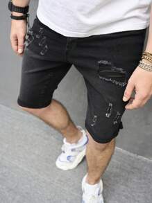 Manfinity LEGND 男士棉破洞抽鬚斜口袋牛仔短褲 - 黑色 - 查看 3