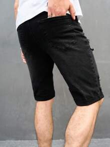 Manfinity LEGND 男士棉破洞抽鬚斜口袋牛仔短褲 - 黑色 - 查看 4