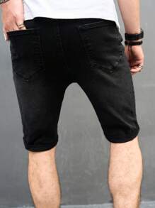 Manfinity LEGND 男士棉破洞抽鬚斜口袋牛仔短褲 - 黑色 - 查看 5