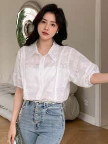 DAZY Camisa con bordado con ojal de manga farol con botón delantero - Blanco - Ver 4