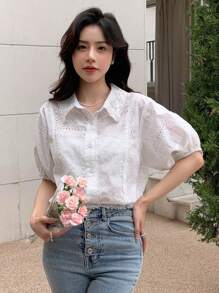 DAZY Camisa con bordado con ojal de manga farol con botón delantero - Blanco - Ver 5