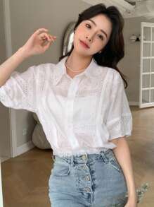 DAZY Camisa con bordado con ojal de manga farol con botón delantero - Blanco - Ver 7