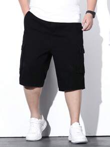 Manfinity Homme 男士棉側翻蓋口袋工裝短褲 - 黑色 - 查看 7