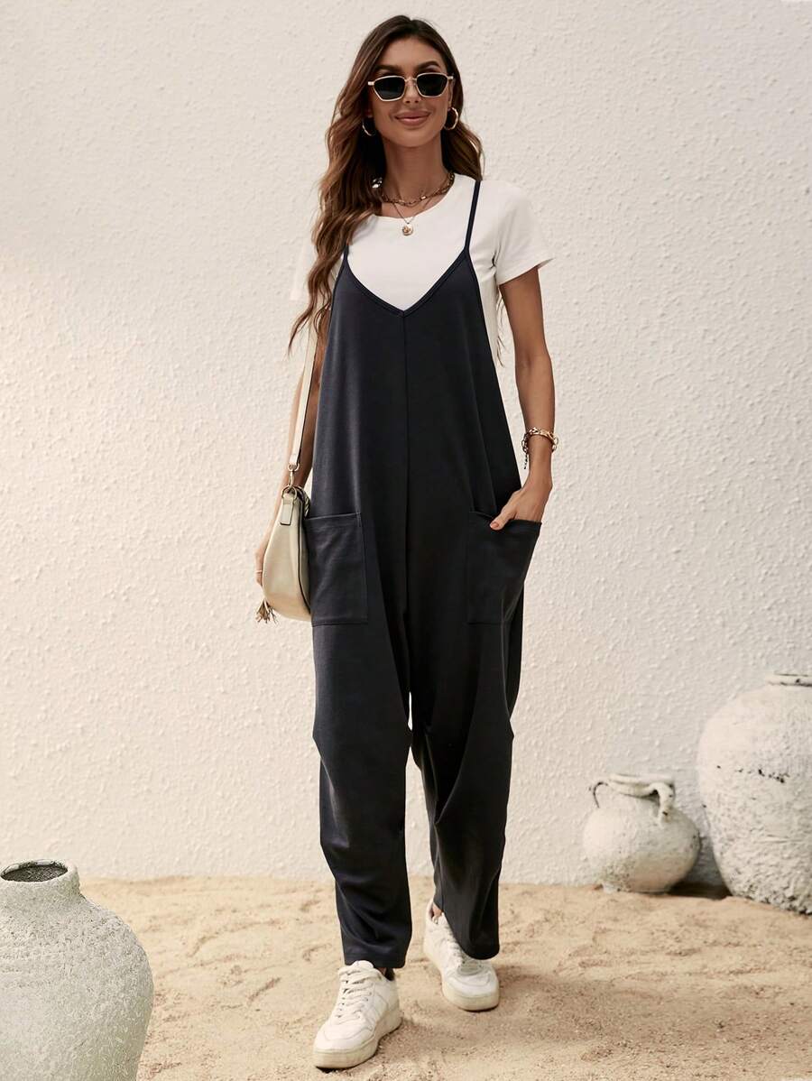 SHEIN LUNE 1 bộ đồ liền quần túi đen có dây đeo cho nữ, mùa xuân - Màu xám đen - Xem 1
