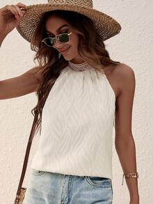 SHEIN Clasi Solid Keyhole Back Halter Neck Blouse - Khaki - View 4