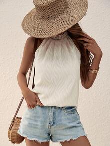 SHEIN Clasi Solid Keyhole Back Halter Neck Blouse - Khaki - View 5