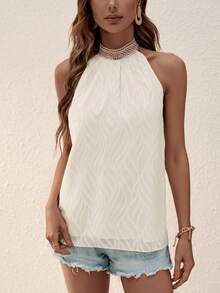 SHEIN Clasi Solid Keyhole Back Halter Neck Blouse - Khaki - View 6