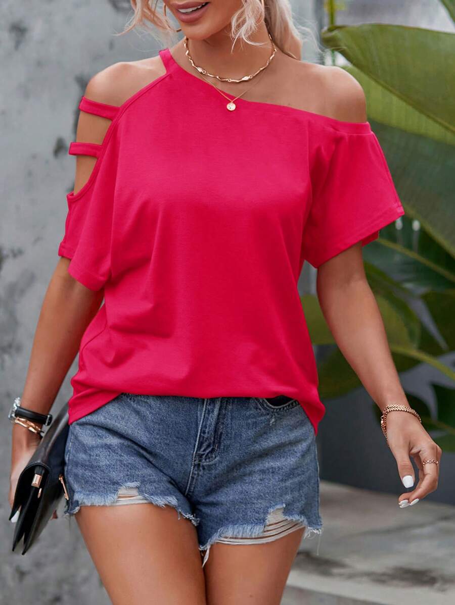 SHEIN LUNE Camiseta con abertura de cuello asimétrico - Rosado Sandía - Ver 1