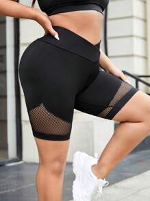 Easithlete 大碼拼接漁網寬腰帶運動短褲 - 黑色 - 查看 4