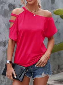 SHEIN LUNE Camiseta con abertura de cuello asimétrico - Rosado Sandía - Ver 3