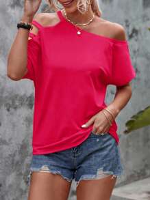 SHEIN LUNE Camiseta con abertura de cuello asimétrico - Rosado Sandía - Ver 6