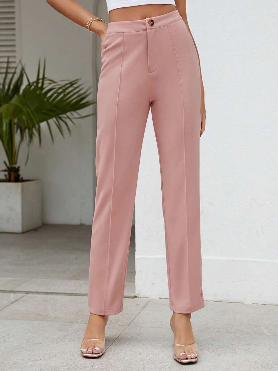 SHEIN Tall Quần nữ Nút Dây kéo màu trơn Thanh lịch - Bụi hồng - Xem 1