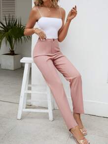 SHEIN Tall Quần nữ Nút Dây kéo màu trơn Thanh lịch - Bụi hồng - Xem 6
