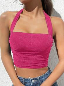SHEIN EZwear Glitter Crop Halter Top - Hot Pink - View 1