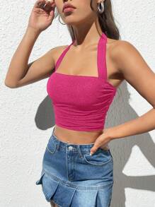 SHEIN EZwear Glitter Crop Halter Top - Hot Pink - View 3
