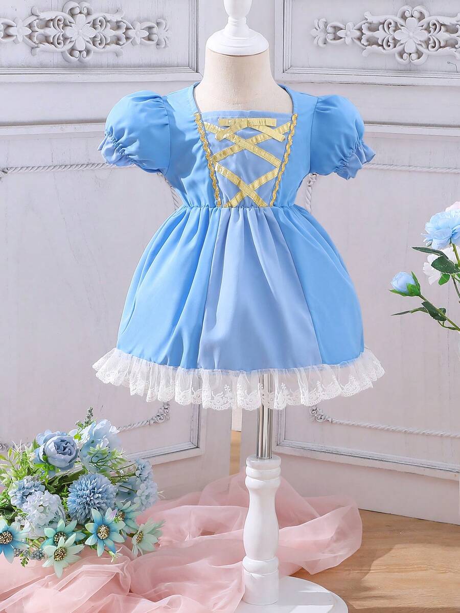 Bebé Vestido de manga farol con encaje en contraste bajo con fruncido - Azul - Ver 1