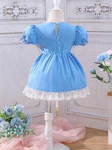 Bebé Vestido de manga farol con encaje en contraste bajo con fruncido - Azul - Ver 2