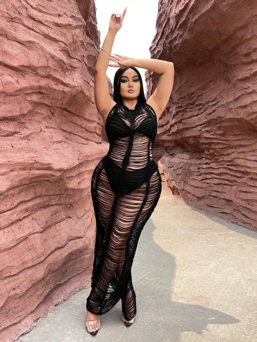 SHEIN SXY Plus Cut Out Bodycon Dress Without Lingerie Set - Black - View 1