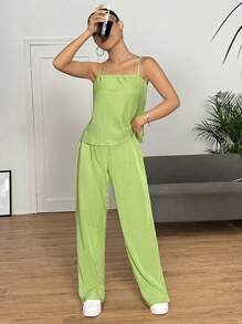 SHEIN EZwear Bộ đồ hai mảnh nữ Gân đan màu trơn Giải trí - Màu xanh chanh - Xem 5