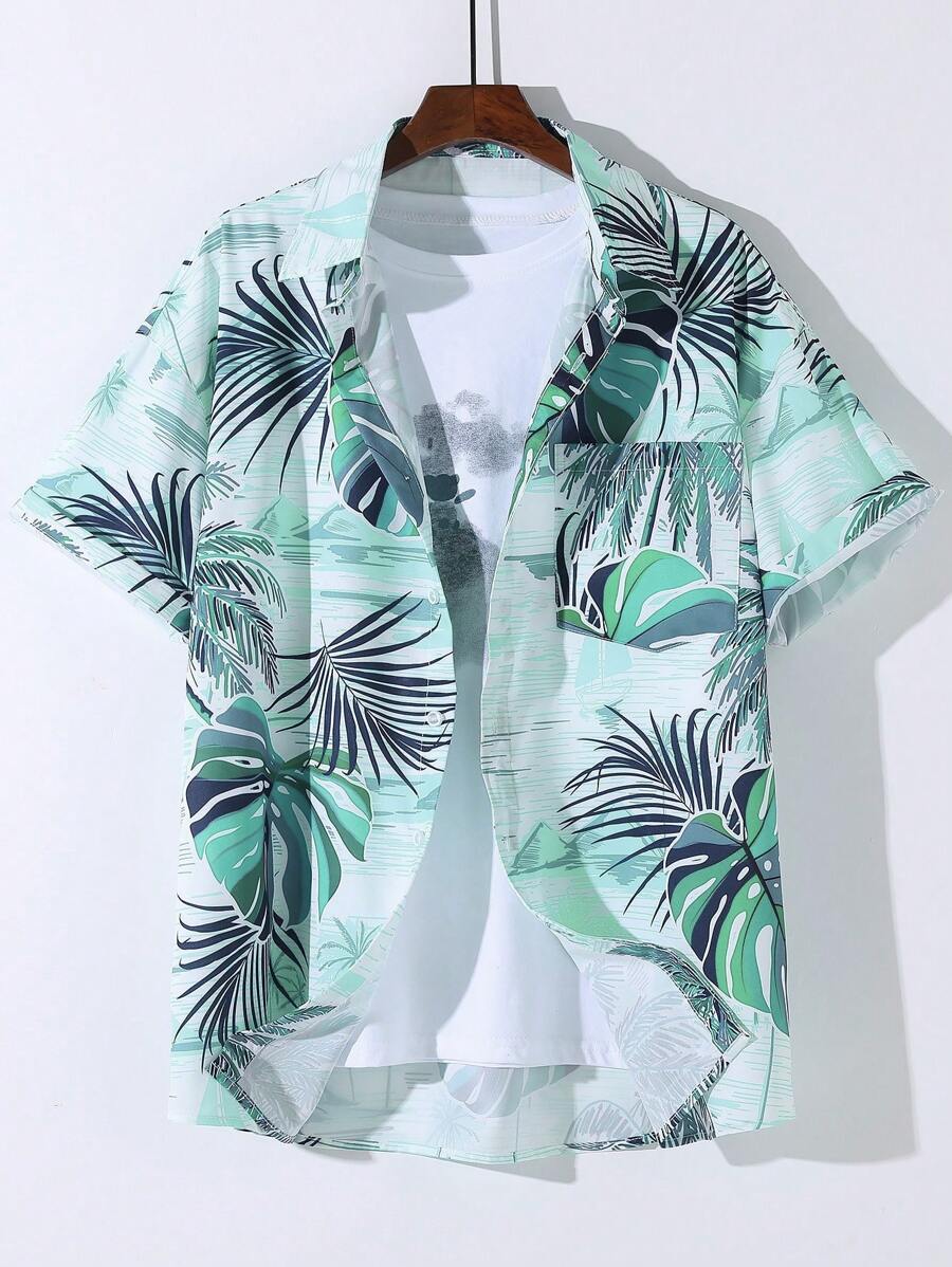 Manfinity Hombres Camisa al azar con estampado tropical sin camiseta - Verde - Ver 1
