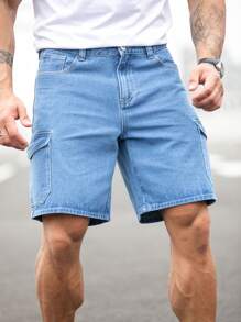 Manfinity Homme Nam Túi nắp bên cạnh Quần short denim Bermuda - Rửa nhẹ - Xem 1