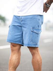 Manfinity Homme Nam Túi nắp bên cạnh Quần short denim Bermuda - Rửa nhẹ - Xem 3