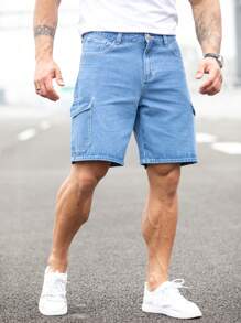 Manfinity Homme Nam Túi nắp bên cạnh Quần short denim Bermuda - Rửa nhẹ - Xem 5