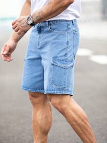 Manfinity Homme Nam Túi nắp bên cạnh Quần short denim Bermuda - Rửa nhẹ - Xem 7