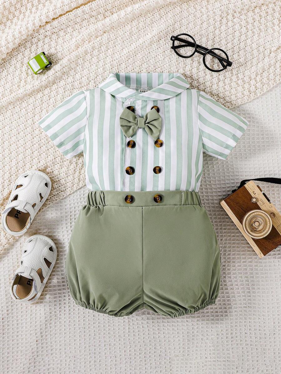 Baby Boy Striped Print Bow Front Shirt & Shorts - Multicolor - View 1