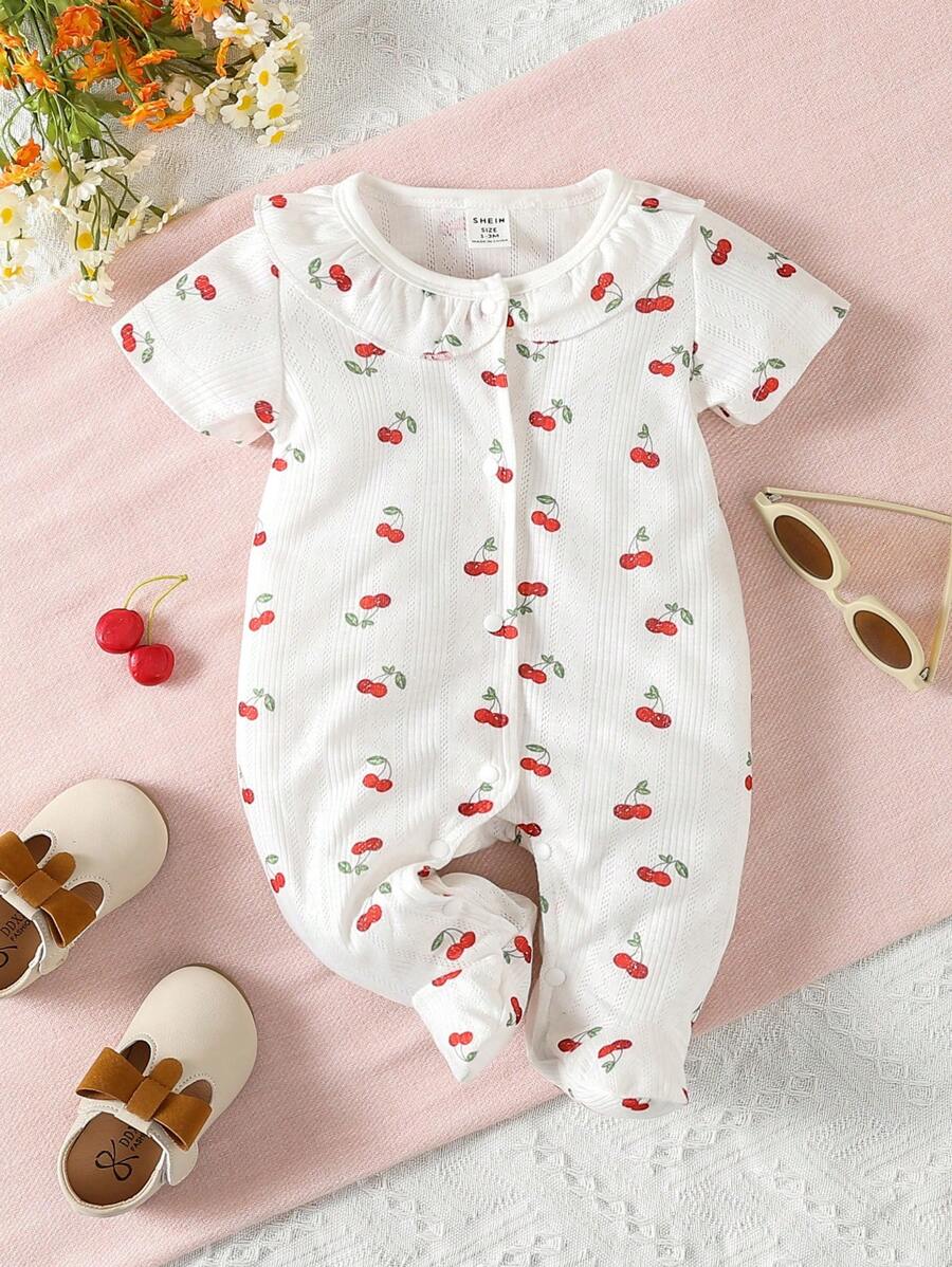 Baby Cherry Print Ruffle Trim Footed Sleep Jumpsuit - White - View 1