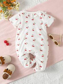 Baby Cherry Print Ruffle Trim Footed Sleep Jumpsuit - White - View 2