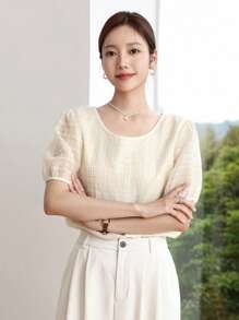 DAZY Blusa unicolor de manga farol - Albaricoque - Ver 3