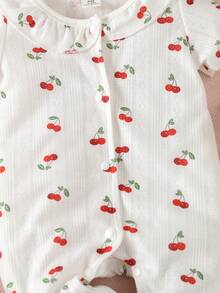 Baby Cherry Print Ruffle Trim Footed Sleep Jumpsuit - White - View 3